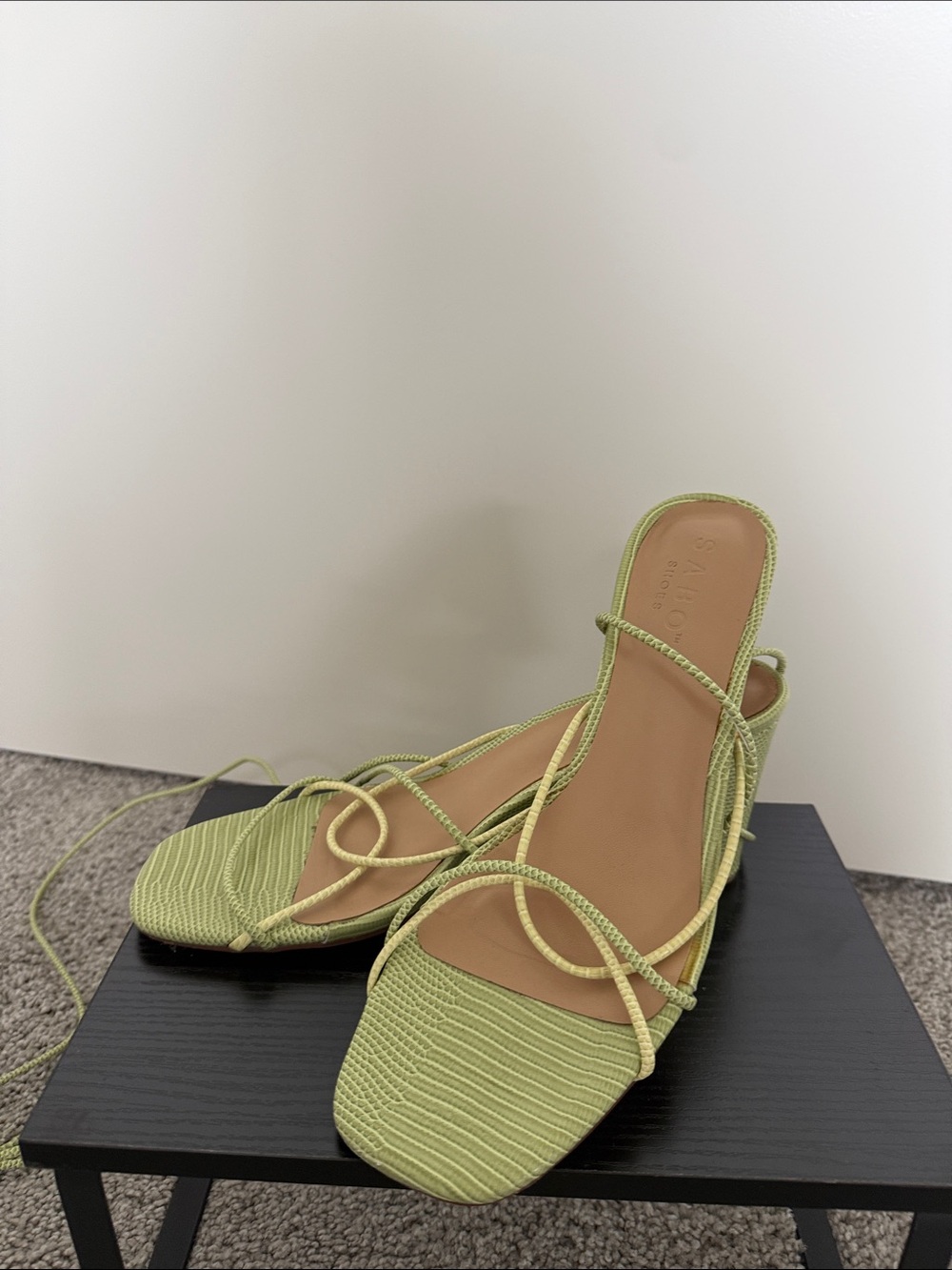 Braided Lace-Up Light Green Square-Toe Women's Sandals